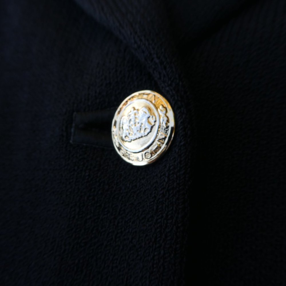 St John Basics Blazer Jacket Black Santana Knit Logo Gold Buttons Pockets USA 6 - Picture 8 of 10